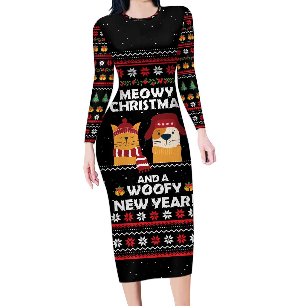 Meowy Christmas Woofy New Year Long Sleeve Bodycon Dress with Cat and Dog in Winter Hats and Festive Pattern Design - Wonder Print Shop