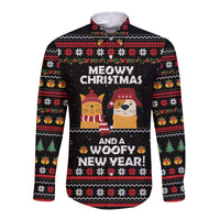 Meowy Christmas Woofy New Year Long Sleeve Button Shirt with Cat and Dog in Winter Hats and Festive Pattern Design - Wonder Print Shop