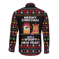 Meowy Christmas Woofy New Year Long Sleeve Button Shirt with Cat and Dog in Winter Hats and Festive Pattern Design - Wonder Print Shop