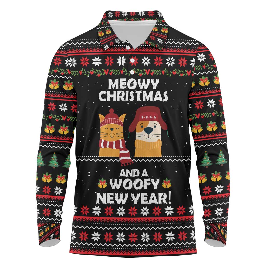 Meowy Christmas Woofy New Year Long Sleeve Polo Shirt with Cat and Dog in Winter Hats and Festive Pattern Design - Wonder Print Shop