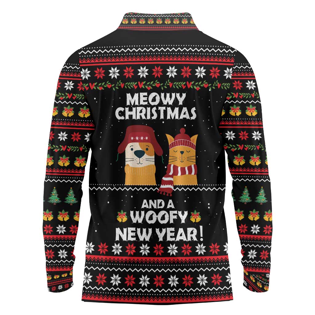 Meowy Christmas Woofy New Year Long Sleeve Polo Shirt with Cat and Dog in Winter Hats and Festive Pattern Design - Wonder Print Shop