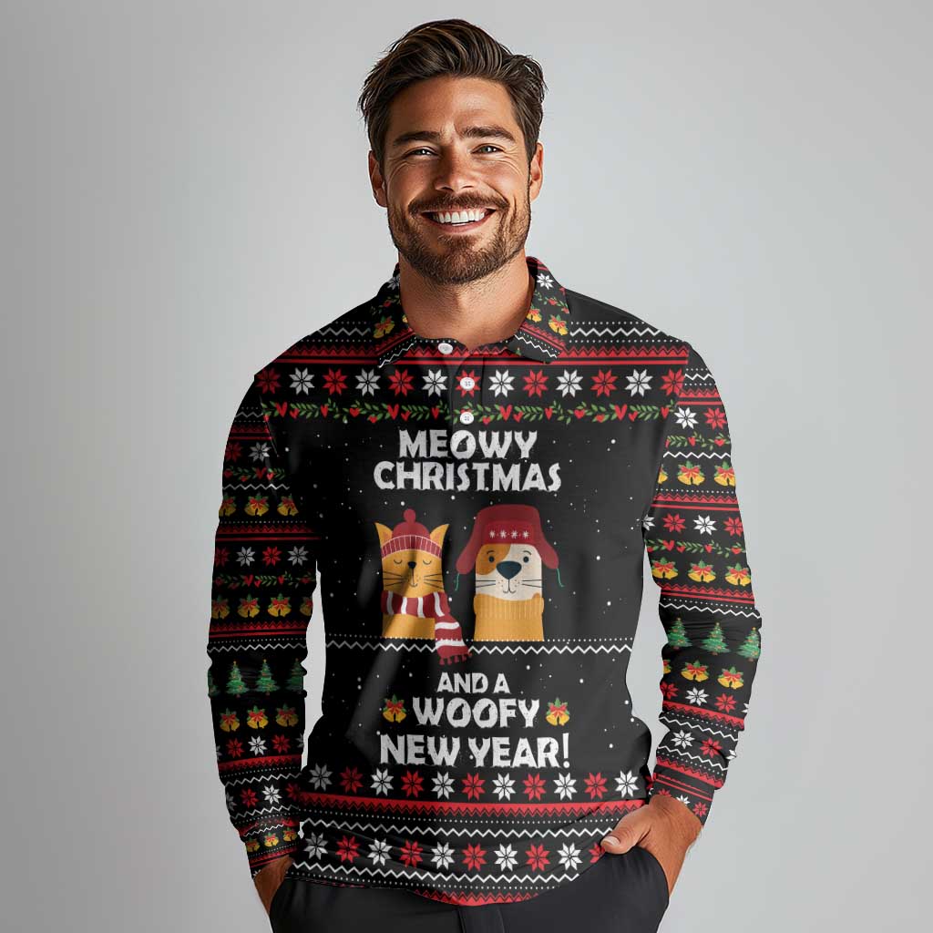 Meowy Christmas Woofy New Year Long Sleeve Polo Shirt with Cat and Dog in Winter Hats and Festive Pattern Design - Wonder Print Shop