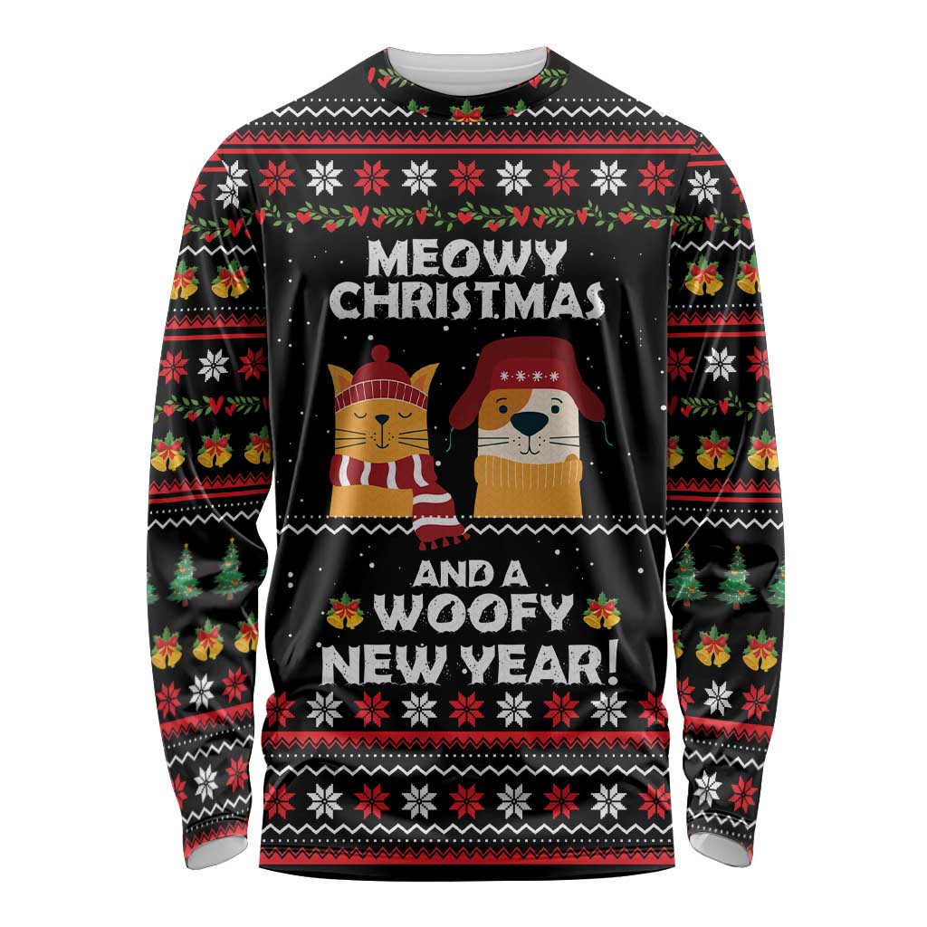Meowy Christmas Woofy New Year Long Sleeve Shirt with Cat and Dog in Winter Hats and Festive Pattern Design - Wonder Print Shop