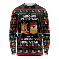 Meowy Christmas Woofy New Year Long Sleeve Shirt with Cat and Dog in Winter Hats and Festive Pattern Design - Wonder Print Shop