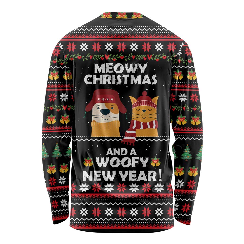 Meowy Christmas Woofy New Year Long Sleeve Shirt with Cat and Dog in Winter Hats and Festive Pattern Design - Wonder Print Shop