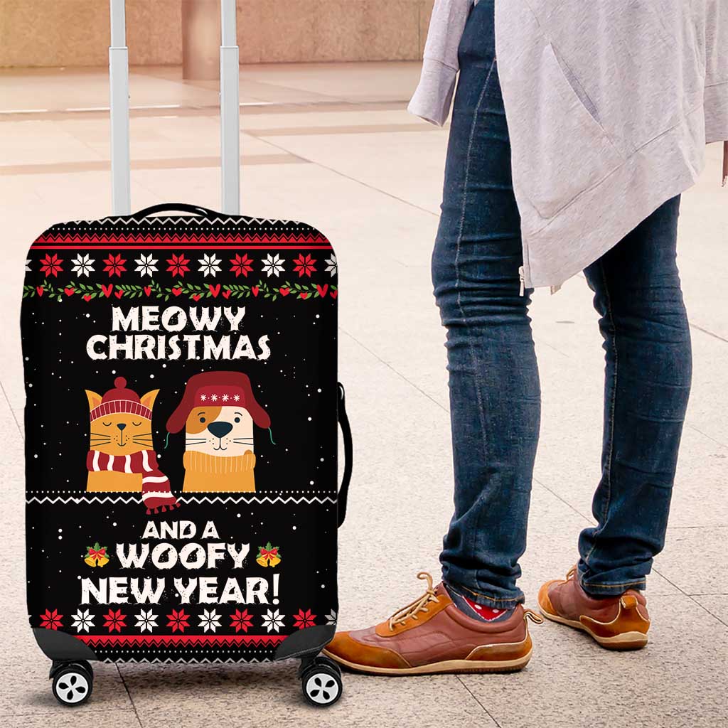 Meowy Christmas Woofy New Year Luggage Cover with Cat and Dog in Winter Hats and Festive Pattern Design - Wonder Print Shop