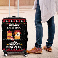 Meowy Christmas Woofy New Year Luggage Cover with Cat and Dog in Winter Hats and Festive Pattern Design - Wonder Print Shop