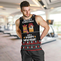 Meowy Christmas Woofy New Year Men Tank Top with Cat and Dog in Winter Hats and Festive Pattern Design - Wonder Print Shop