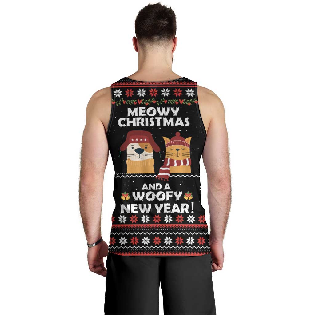 Meowy Christmas Woofy New Year Men Tank Top with Cat and Dog in Winter Hats and Festive Pattern Design - Wonder Print Shop