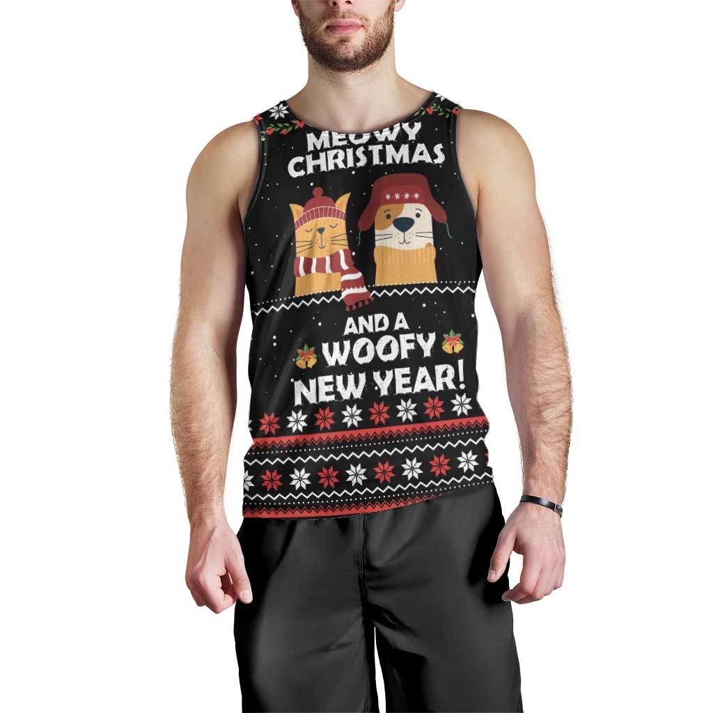 Meowy Christmas Woofy New Year Men Tank Top with Cat and Dog in Winter Hats and Festive Pattern Design - Wonder Print Shop