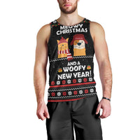 Meowy Christmas Woofy New Year Men Tank Top with Cat and Dog in Winter Hats and Festive Pattern Design - Wonder Print Shop