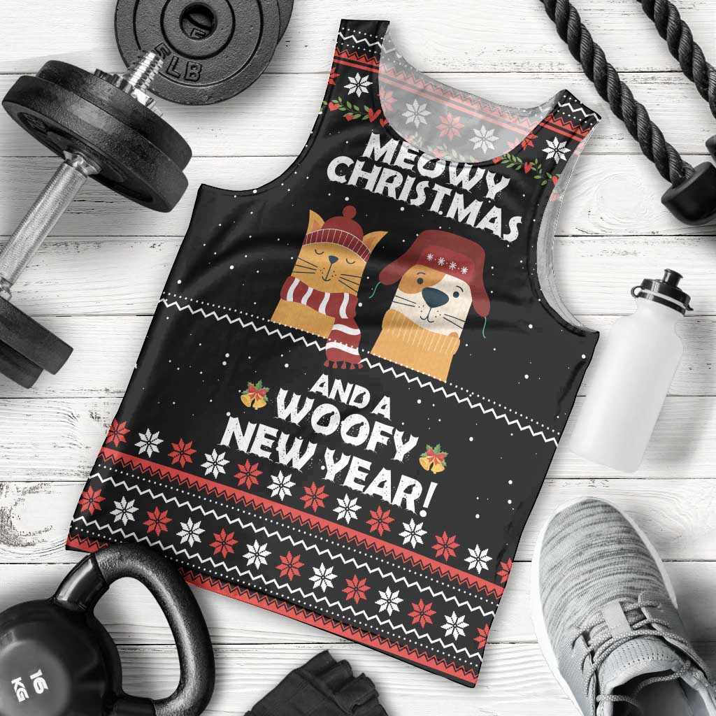 Meowy Christmas Woofy New Year Men Tank Top with Cat and Dog in Winter Hats and Festive Pattern Design - Wonder Print Shop