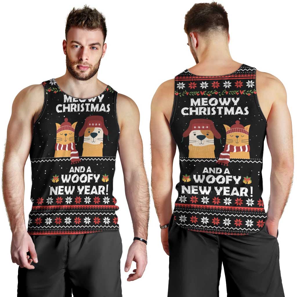 Meowy Christmas Woofy New Year Men Tank Top with Cat and Dog in Winter Hats and Festive Pattern Design - Wonder Print Shop