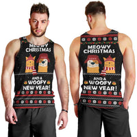 Meowy Christmas Woofy New Year Men Tank Top with Cat and Dog in Winter Hats and Festive Pattern Design - Wonder Print Shop