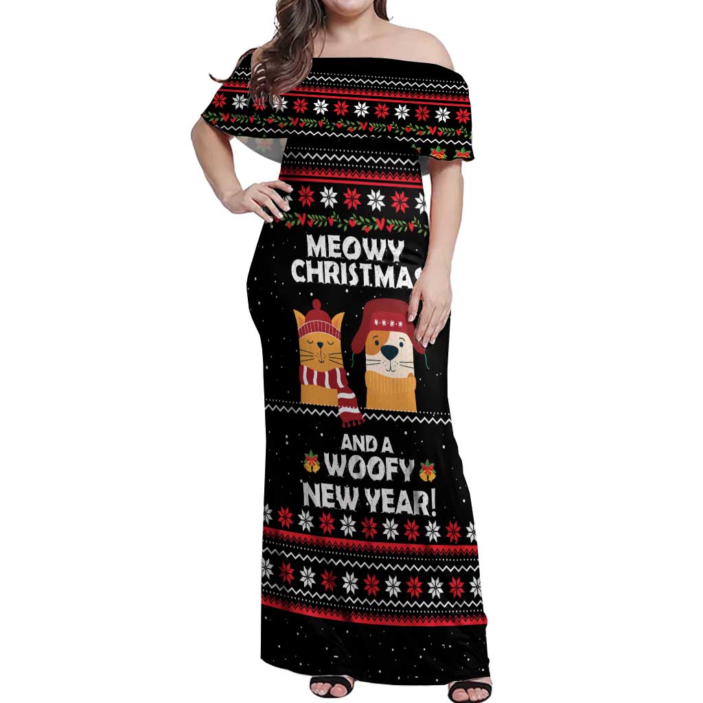 Meowy Christmas Woofy New Year Off Shoulder Maxi Dress with Cat and Dog in Winter Hats and Festive Pattern Design - Wonder Print Shop