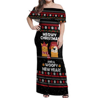 Meowy Christmas Woofy New Year Off Shoulder Maxi Dress with Cat and Dog in Winter Hats and Festive Pattern Design - Wonder Print Shop