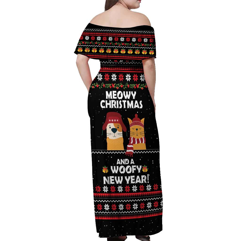 Meowy Christmas Woofy New Year Off Shoulder Maxi Dress with Cat and Dog in Winter Hats and Festive Pattern Design - Wonder Print Shop