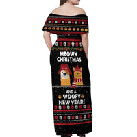 Meowy Christmas Woofy New Year Off Shoulder Maxi Dress with Cat and Dog in Winter Hats and Festive Pattern Design - Wonder Print Shop