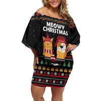 Meowy Christmas Woofy New Year Off Shoulder Short Dress with Cat and Dog in Winter Hats and Festive Pattern Design - Wonder Print Shop