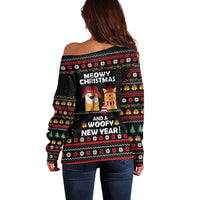 Meowy Christmas Woofy New Year Off Shoulder Sweater with Cat and Dog in Winter Hats and Festive Pattern Design - Wonder Print Shop