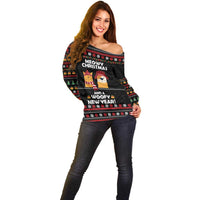 Meowy Christmas Woofy New Year Off Shoulder Sweater with Cat and Dog in Winter Hats and Festive Pattern Design - Wonder Print Shop
