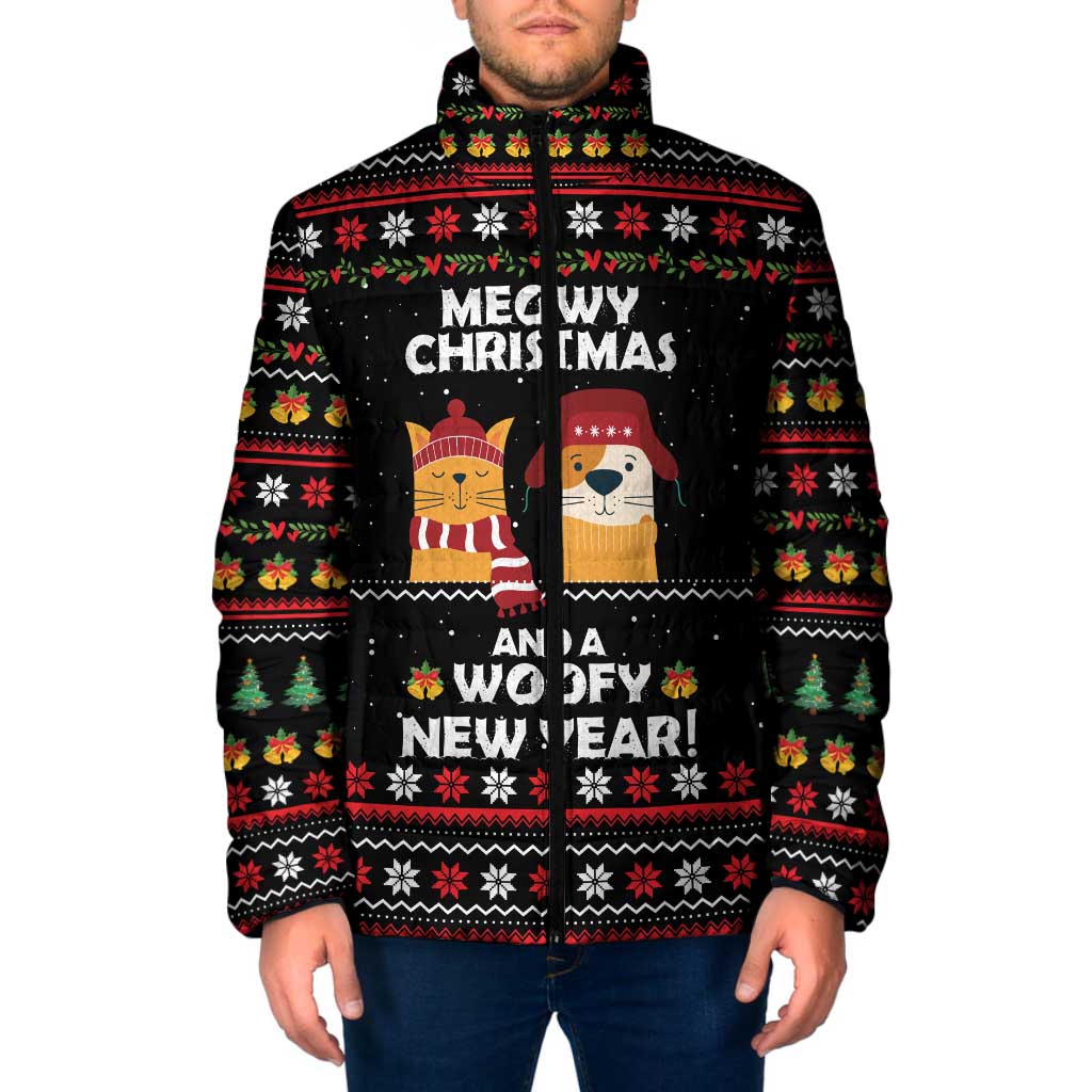 Meowy Christmas Woofy New Year Padded Jacket with Cat and Dog in Winter Hats and Festive Pattern Design - Wonder Print Shop