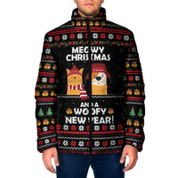 Meowy Christmas Woofy New Year Padded Jacket with Cat and Dog in Winter Hats and Festive Pattern Design - Wonder Print Shop