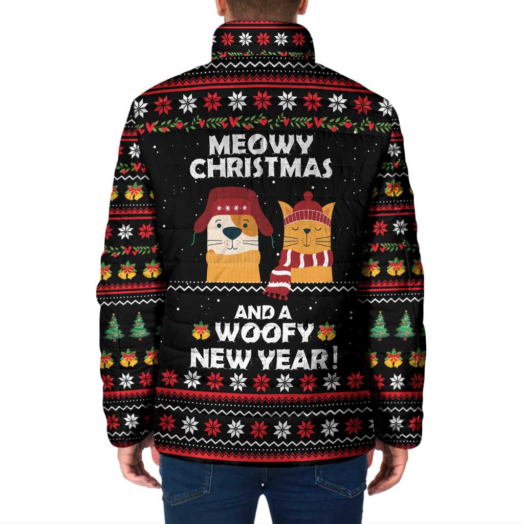 Meowy Christmas Woofy New Year Padded Jacket with Cat and Dog in Winter Hats and Festive Pattern Design - Wonder Print Shop