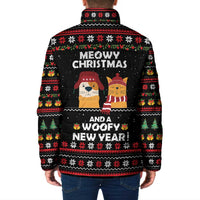 Meowy Christmas Woofy New Year Padded Jacket with Cat and Dog in Winter Hats and Festive Pattern Design - Wonder Print Shop