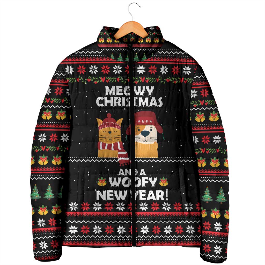 Meowy Christmas Woofy New Year Padded Jacket with Cat and Dog in Winter Hats and Festive Pattern Design - Wonder Print Shop