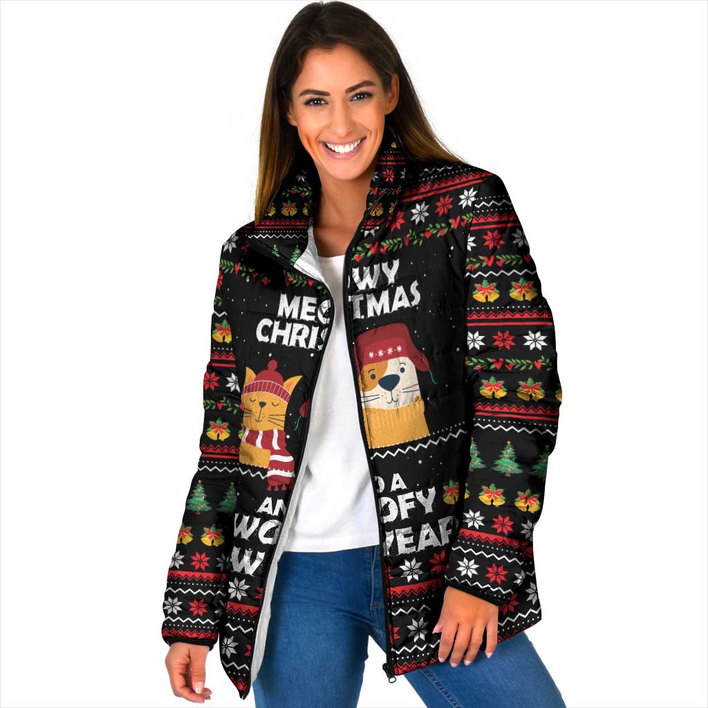 Meowy Christmas Woofy New Year Padded Jacket with Cat and Dog in Winter Hats and Festive Pattern Design - Wonder Print Shop
