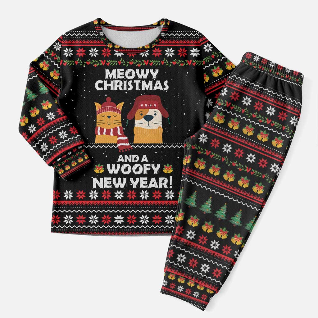 Meowy Christmas Woofy New Year Christmas Pajama Set with Cat and Dog in Winter Hats and Festive Pattern Design - Wonder Print Shop