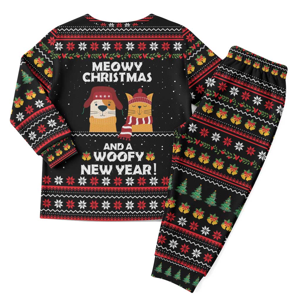 Meowy Christmas Woofy New Year Christmas Pajama Set with Cat and Dog in Winter Hats and Festive Pattern Design - Wonder Print Shop
