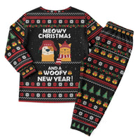 Meowy Christmas Woofy New Year Christmas Pajama Set with Cat and Dog in Winter Hats and Festive Pattern Design - Wonder Print Shop