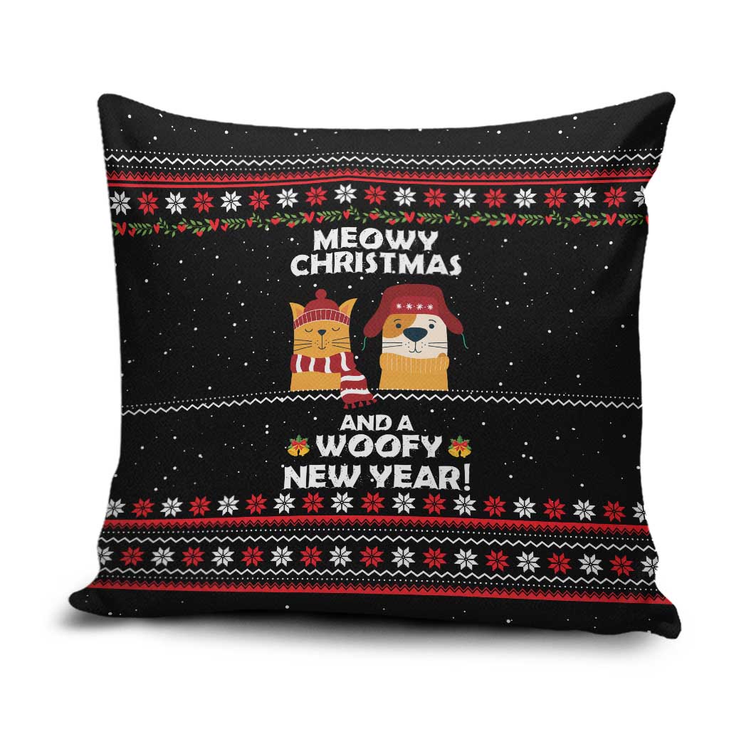 Meowy Christmas Woofy New Year Pillow Cover with Cat and Dog in Winter Hats and Festive Pattern Design - Wonder Print Shop