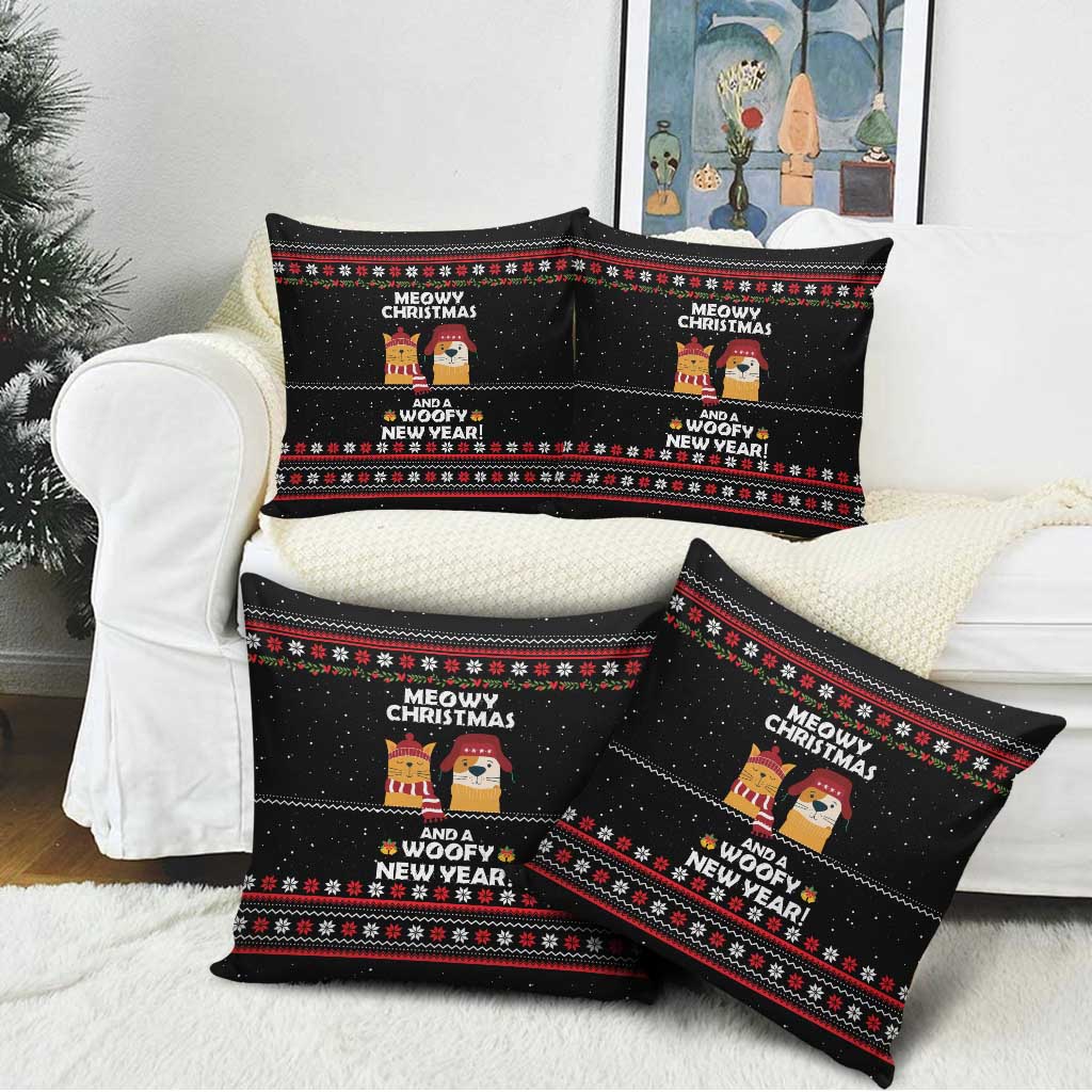 Meowy Christmas Woofy New Year Pillow Cover with Cat and Dog in Winter Hats and Festive Pattern Design - Wonder Print Shop