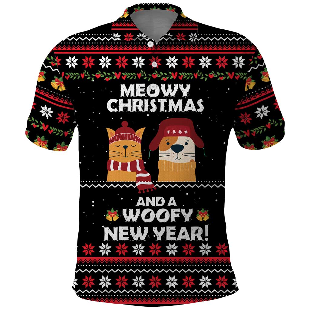 Meowy Christmas Woofy New Year Polo Shirt with Cat and Dog in Winter Hats and Festive Pattern Design - Wonder Print Shop