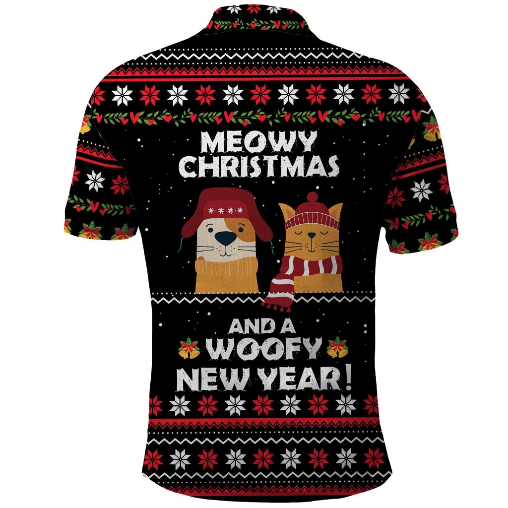 Meowy Christmas Woofy New Year Polo Shirt with Cat and Dog in Winter Hats and Festive Pattern Design - Wonder Print Shop