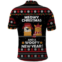 Meowy Christmas Woofy New Year Polo Shirt with Cat and Dog in Winter Hats and Festive Pattern Design - Wonder Print Shop