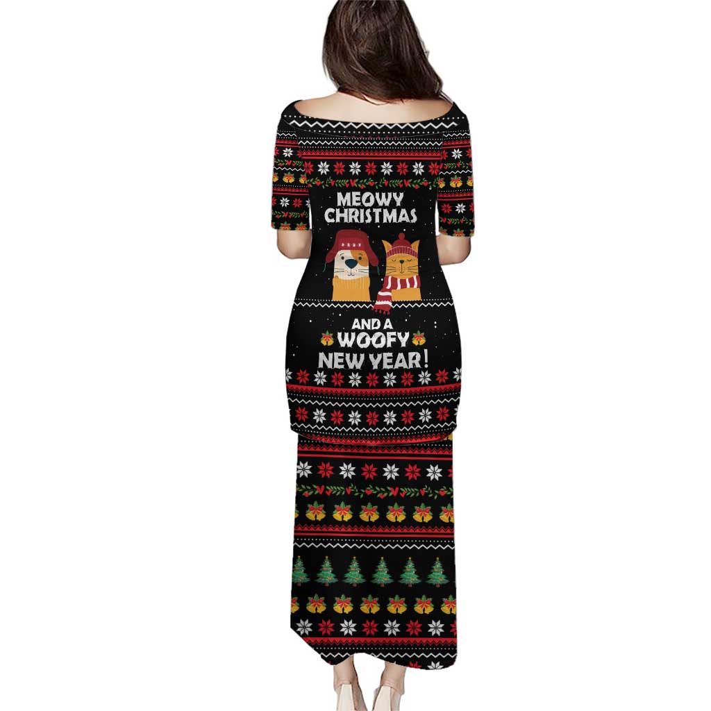 Meowy Christmas Woofy New Year Puletasi with Cat and Dog in Winter Hats and Festive Pattern Design - Wonder Print Shop