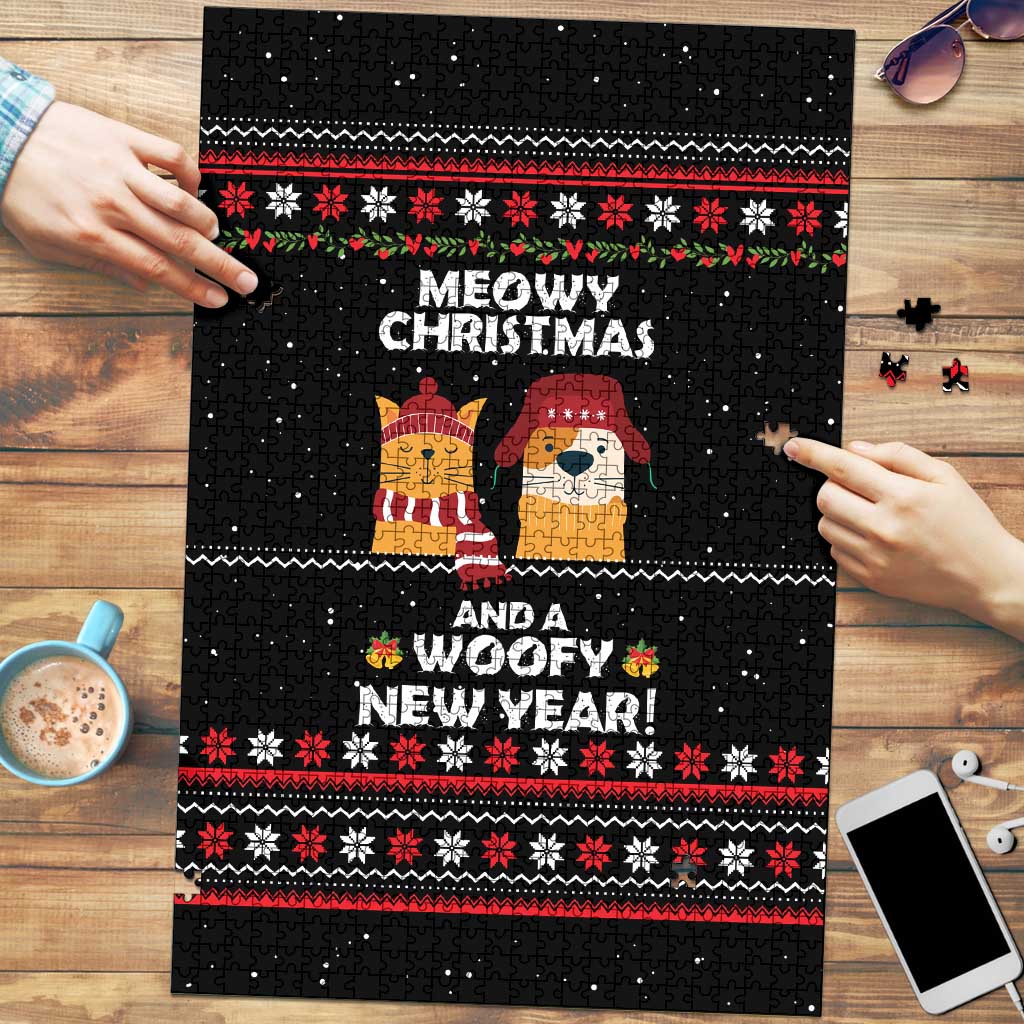 Meowy Christmas Woofy New Year Puzzle with Cat and Dog in Winter Hats and Festive Pattern Design - Wonder Print Shop