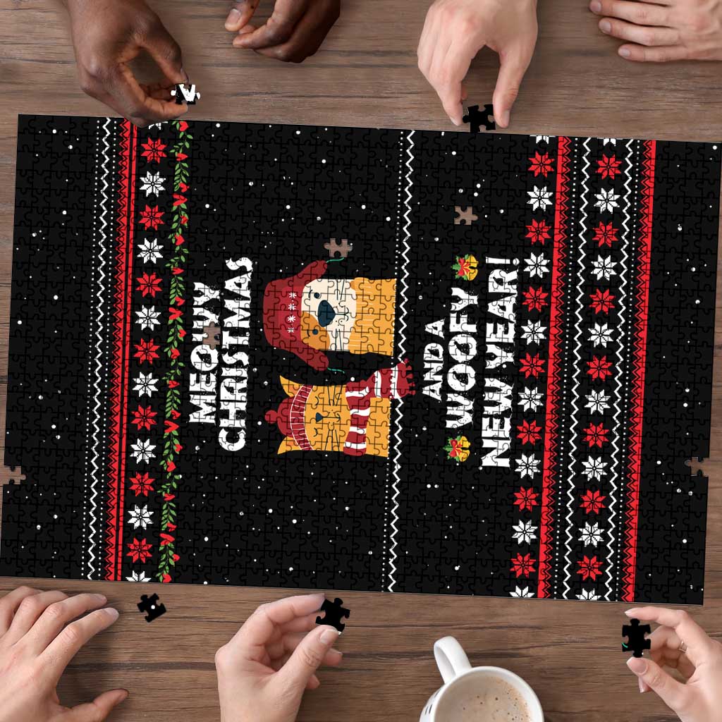 Meowy Christmas Woofy New Year Puzzle with Cat and Dog in Winter Hats and Festive Pattern Design - Wonder Print Shop