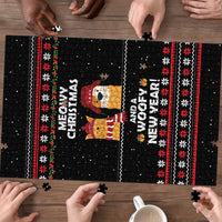 Meowy Christmas Woofy New Year Puzzle with Cat and Dog in Winter Hats and Festive Pattern Design - Wonder Print Shop