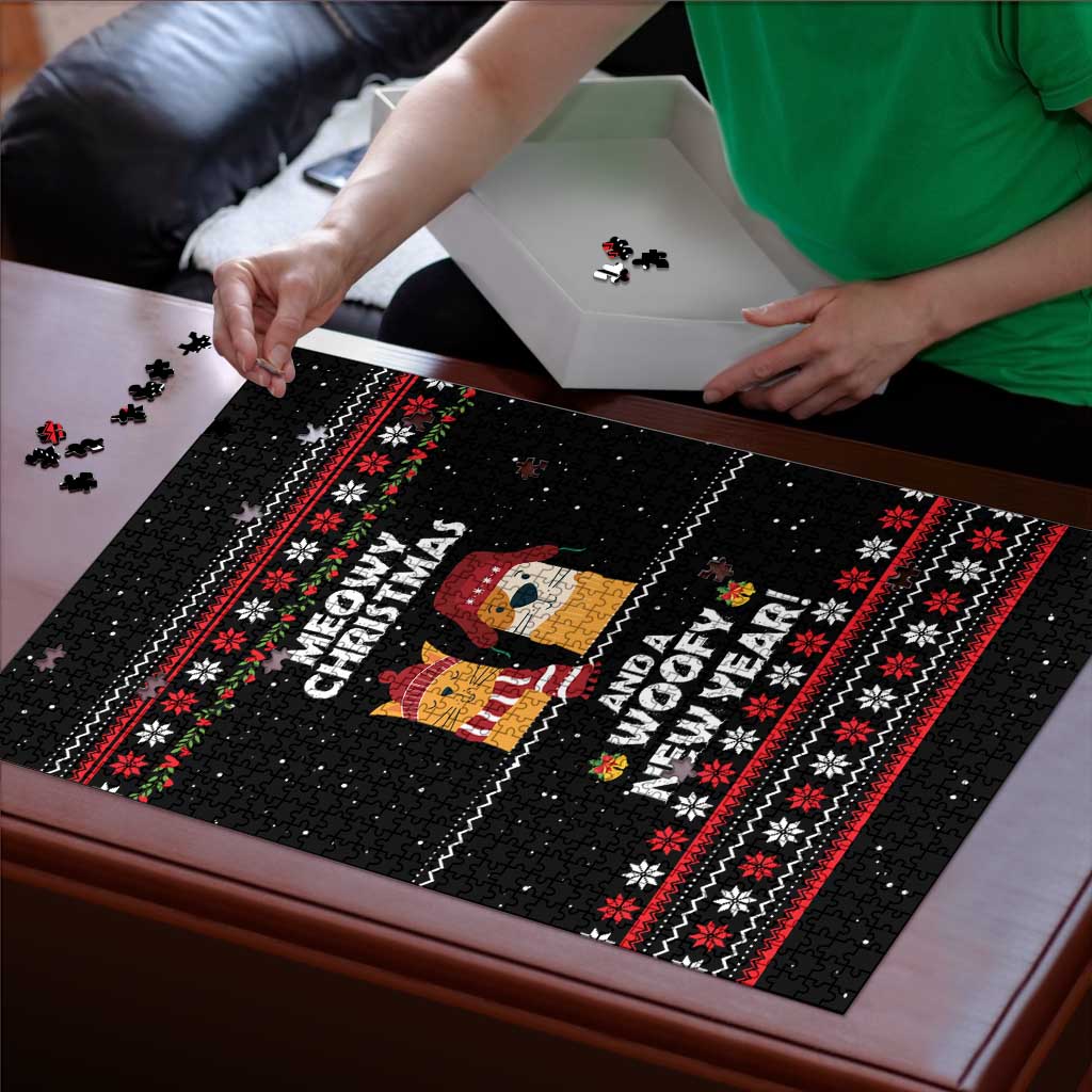 Meowy Christmas Woofy New Year Puzzle with Cat and Dog in Winter Hats and Festive Pattern Design - Wonder Print Shop