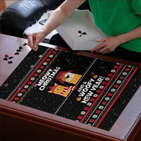 Meowy Christmas Woofy New Year Puzzle with Cat and Dog in Winter Hats and Festive Pattern Design - Wonder Print Shop