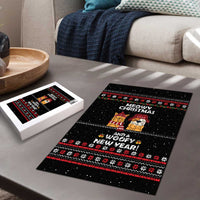 Meowy Christmas Woofy New Year Puzzle with Cat and Dog in Winter Hats and Festive Pattern Design - Wonder Print Shop