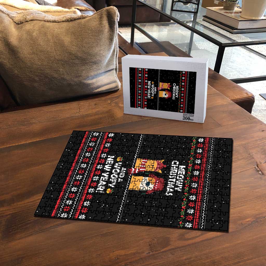 Meowy Christmas Woofy New Year Puzzle with Cat and Dog in Winter Hats and Festive Pattern Design - Wonder Print Shop