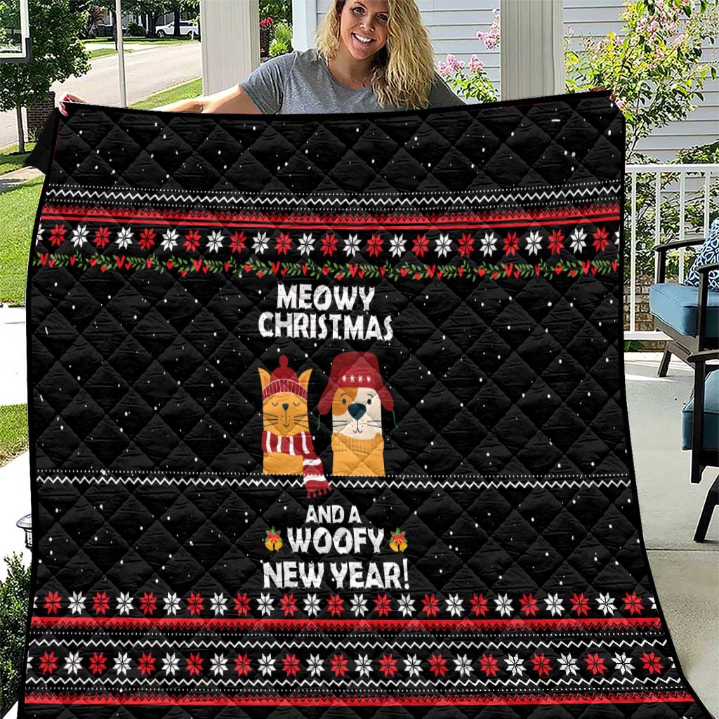 Meowy Christmas Woofy New Year Quilt with Cat and Dog in Winter Hats and Festive Pattern Design - Wonder Print Shop