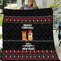 Meowy Christmas Woofy New Year Quilt with Cat and Dog in Winter Hats and Festive Pattern Design - Wonder Print Shop