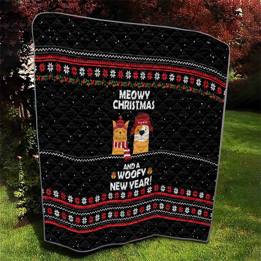Meowy Christmas Woofy New Year Quilt with Cat and Dog in Winter Hats and Festive Pattern Design - Wonder Print Shop